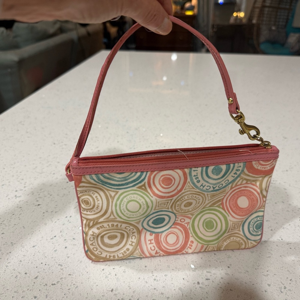 Vintage Coach Multicolor Circle Print Pink Wristlet